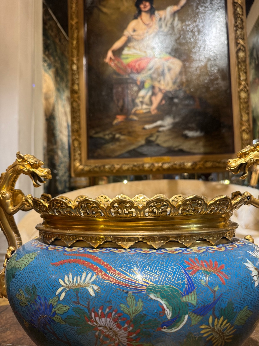 Cloisonné Jardinière With Bronze Mount Featuring Dragons, Attributed To Barbedienne-photo-2