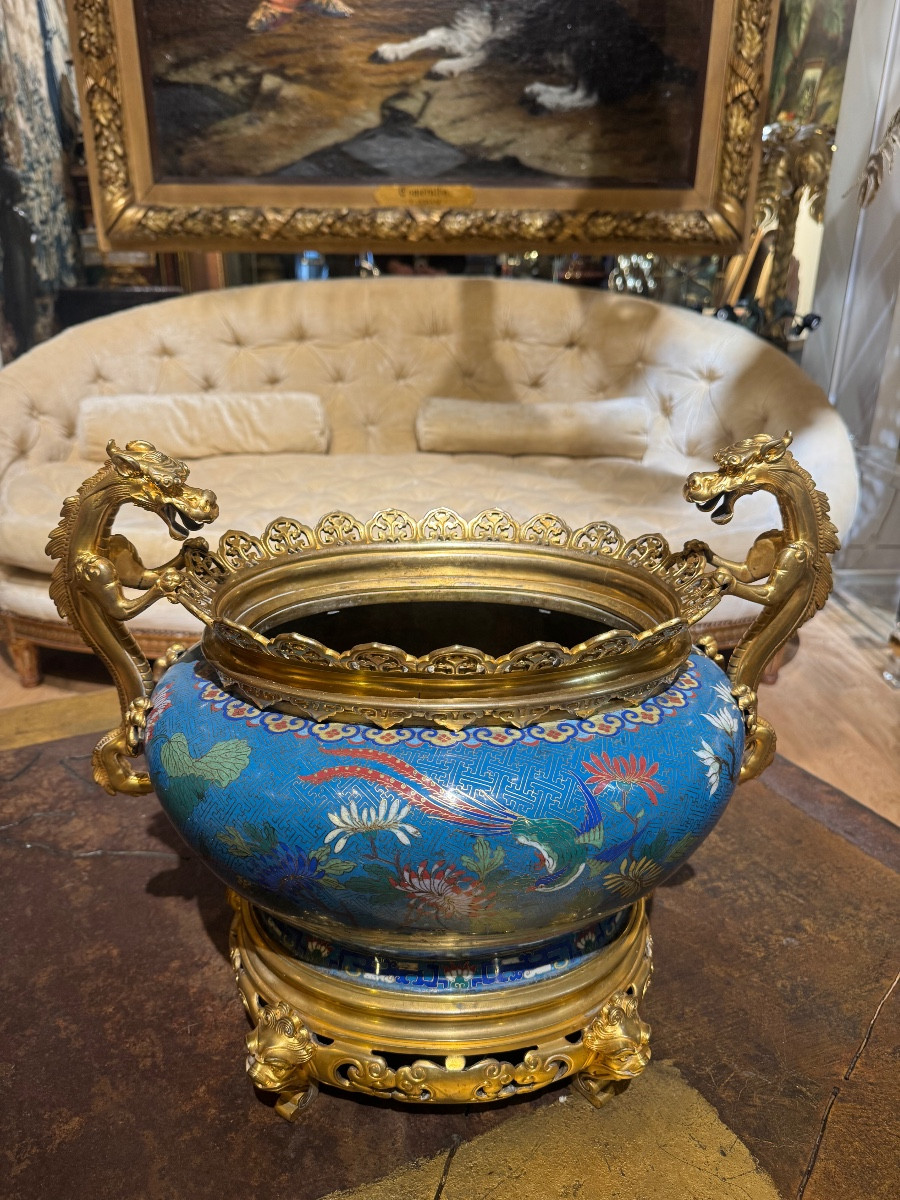 Cloisonné Jardinière With Bronze Mount Featuring Dragons, Attributed To Barbedienne-photo-4