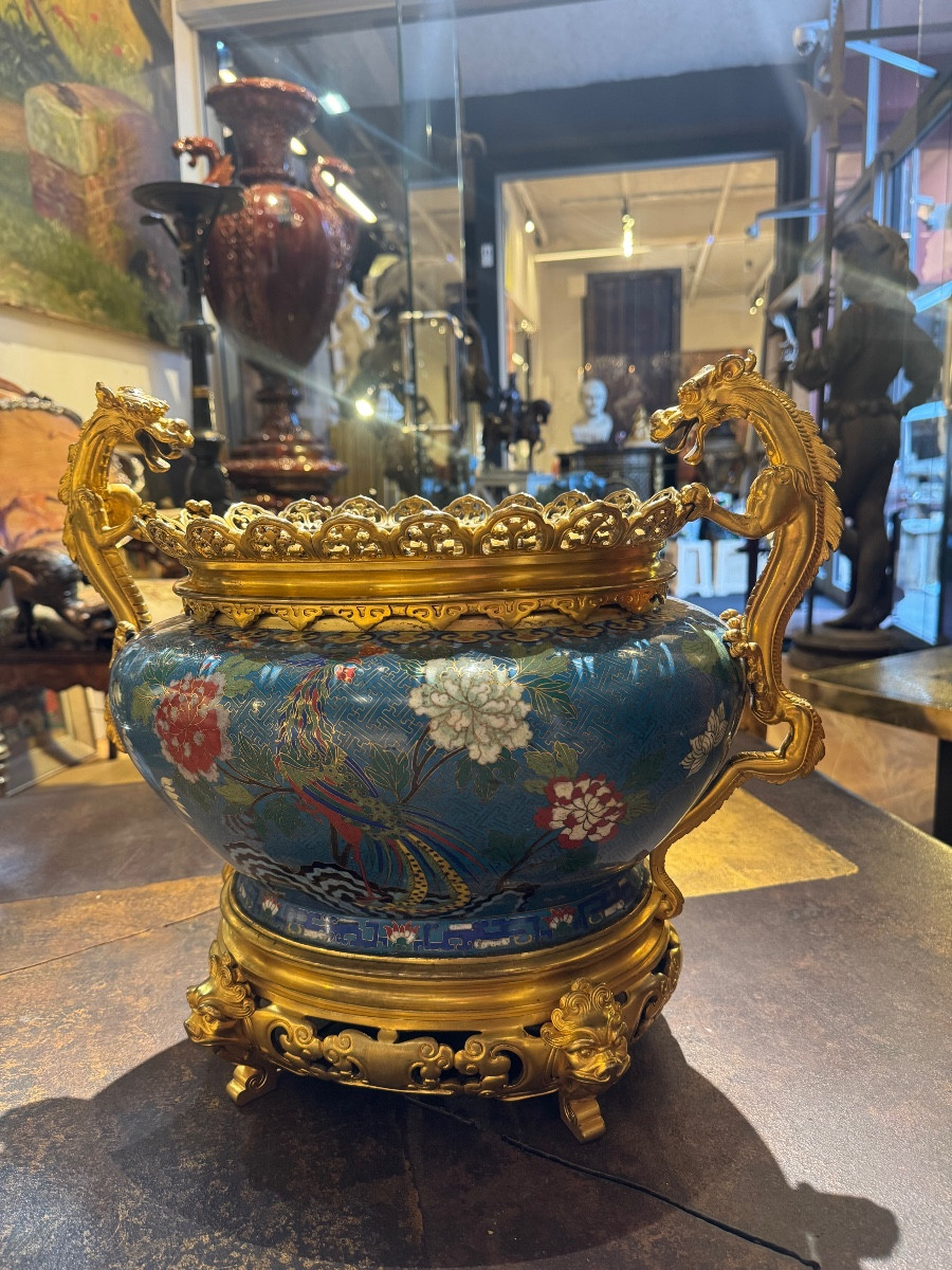 Cloisonné Jardinière With Bronze Mount Featuring Dragons, Attributed To Barbedienne-photo-5
