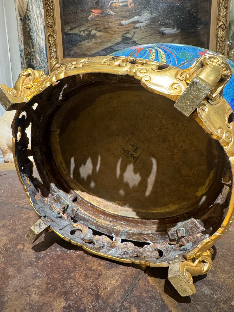 Cloisonné Jardinière With Bronze Mount Featuring Dragons, Attributed To Barbedienne-photo-6