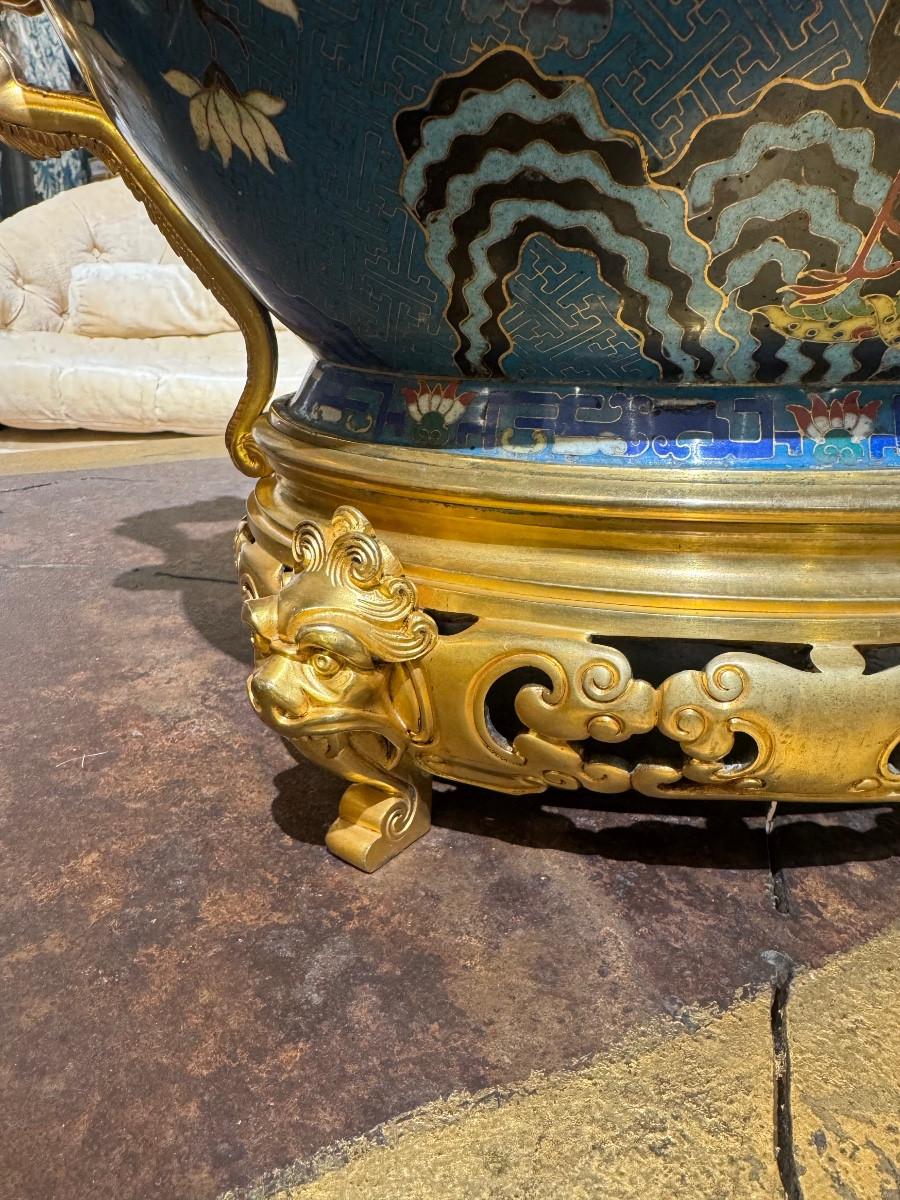 Cloisonné Jardinière With Bronze Mount Featuring Dragons, Attributed To Barbedienne-photo-7