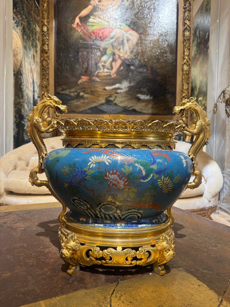 Cloisonné Jardinière With Bronze Mount Featuring Dragons, Attributed To Barbedienne