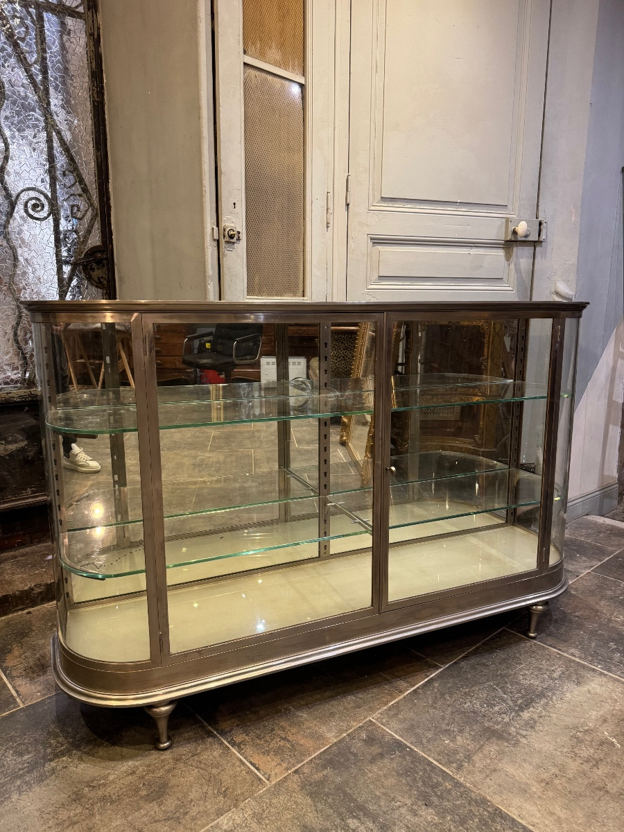 Curved Display Case In Nickel-plated Bronze From The Art Deco Period-photo-2