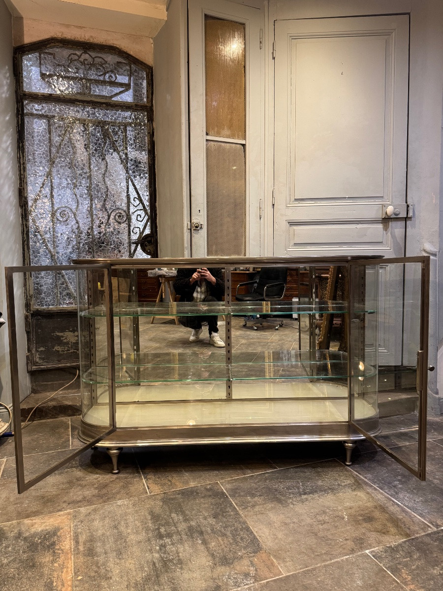 Curved Display Case In Nickel-plated Bronze From The Art Deco Period-photo-5
