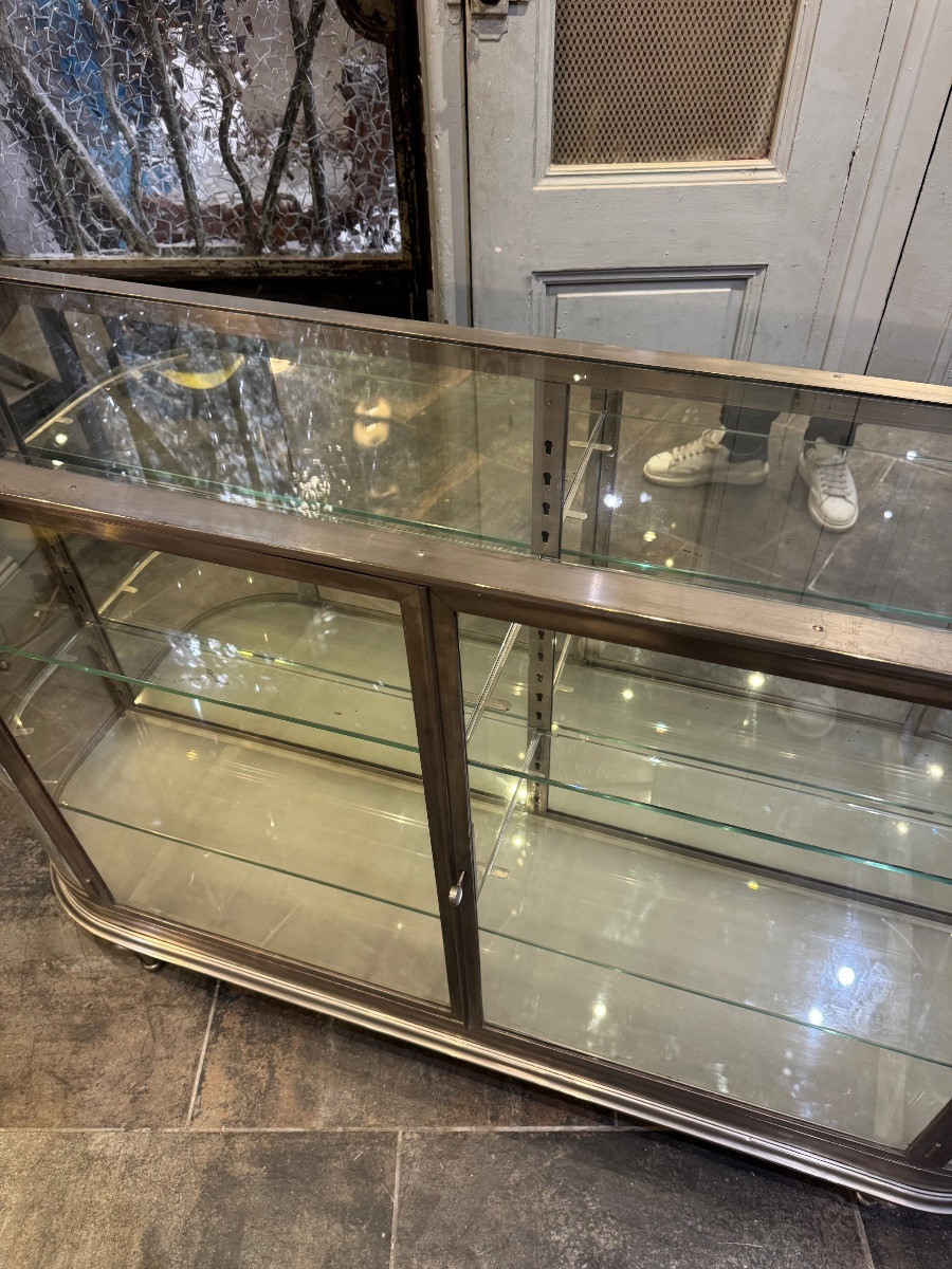 Curved Display Case In Nickel-plated Bronze From The Art Deco Period-photo-7