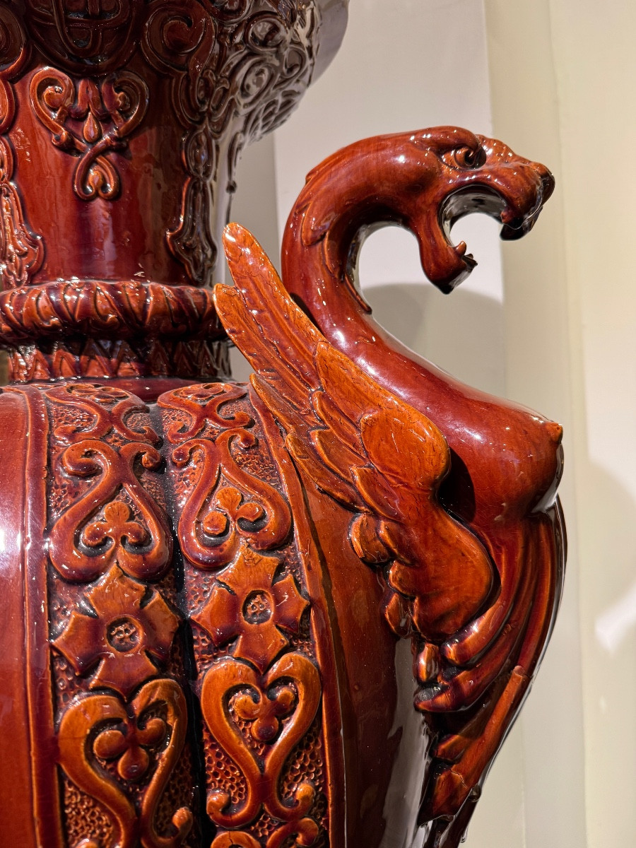 Monumental Ceramic Basin On A Pedestal, Attributed To Clément Massier -photo-2