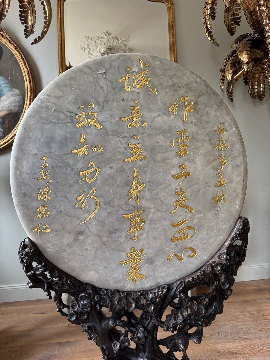Marble Bas-relief On A Carved Wooden Base, Vietnam, 19th Century -photo-1