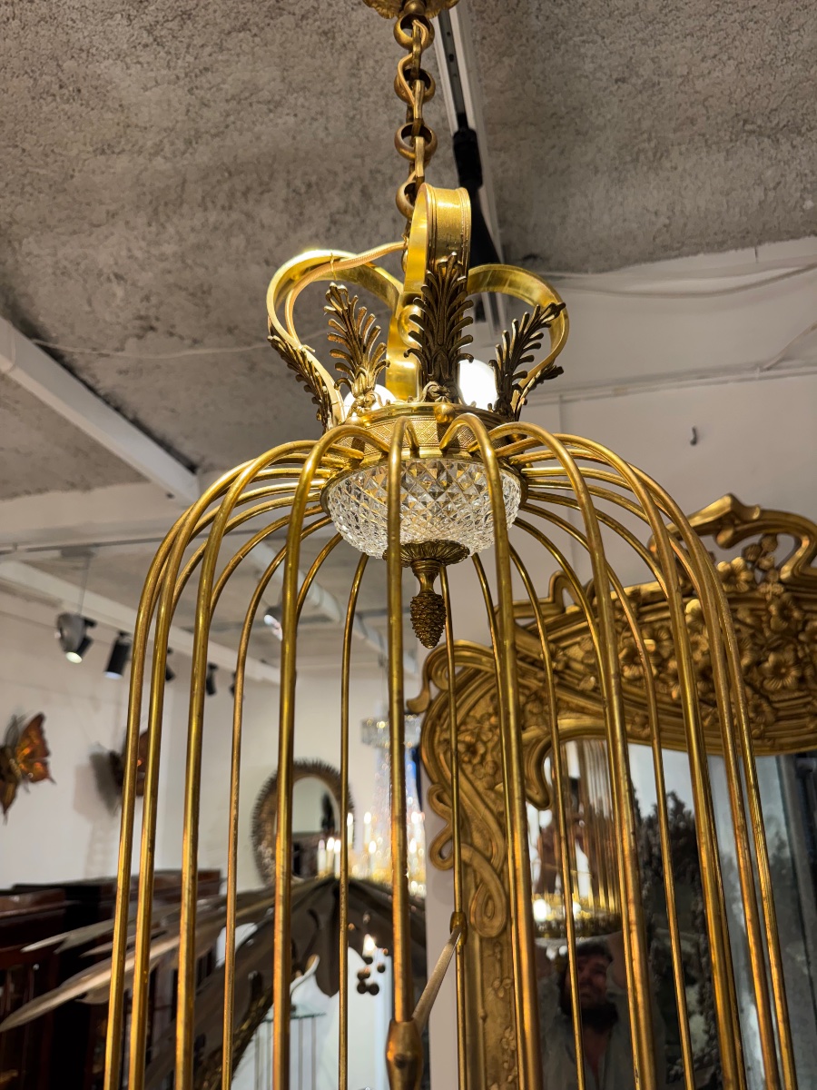 Crystal And Bronze Cage Chandelier, Circa 1900 -photo-4