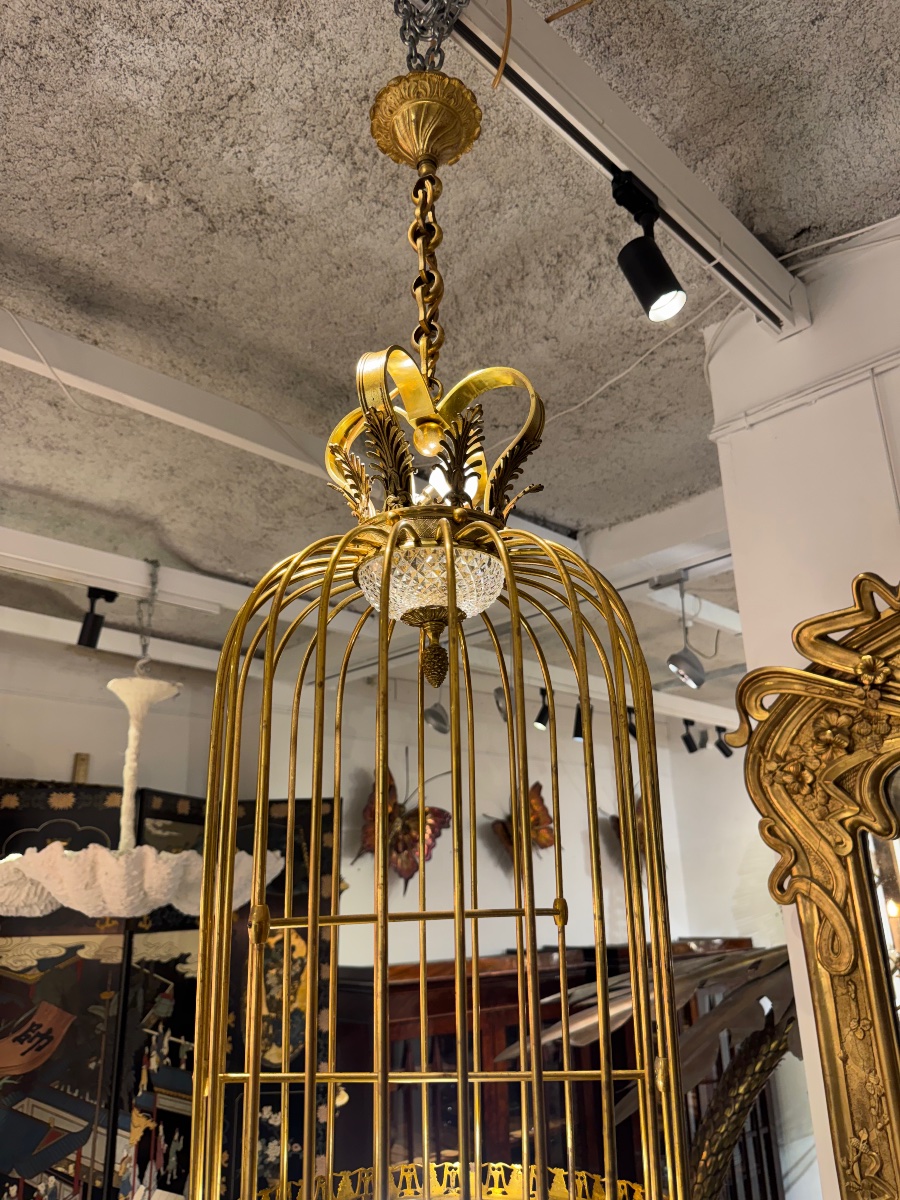 Crystal And Bronze Cage Chandelier, Circa 1900 -photo-3