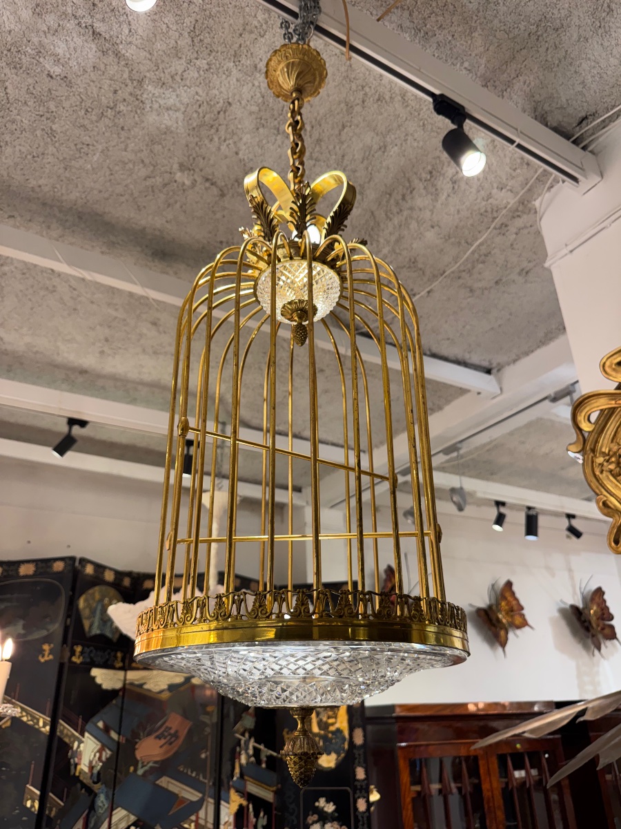 Crystal And Bronze Cage Chandelier, Circa 1900 