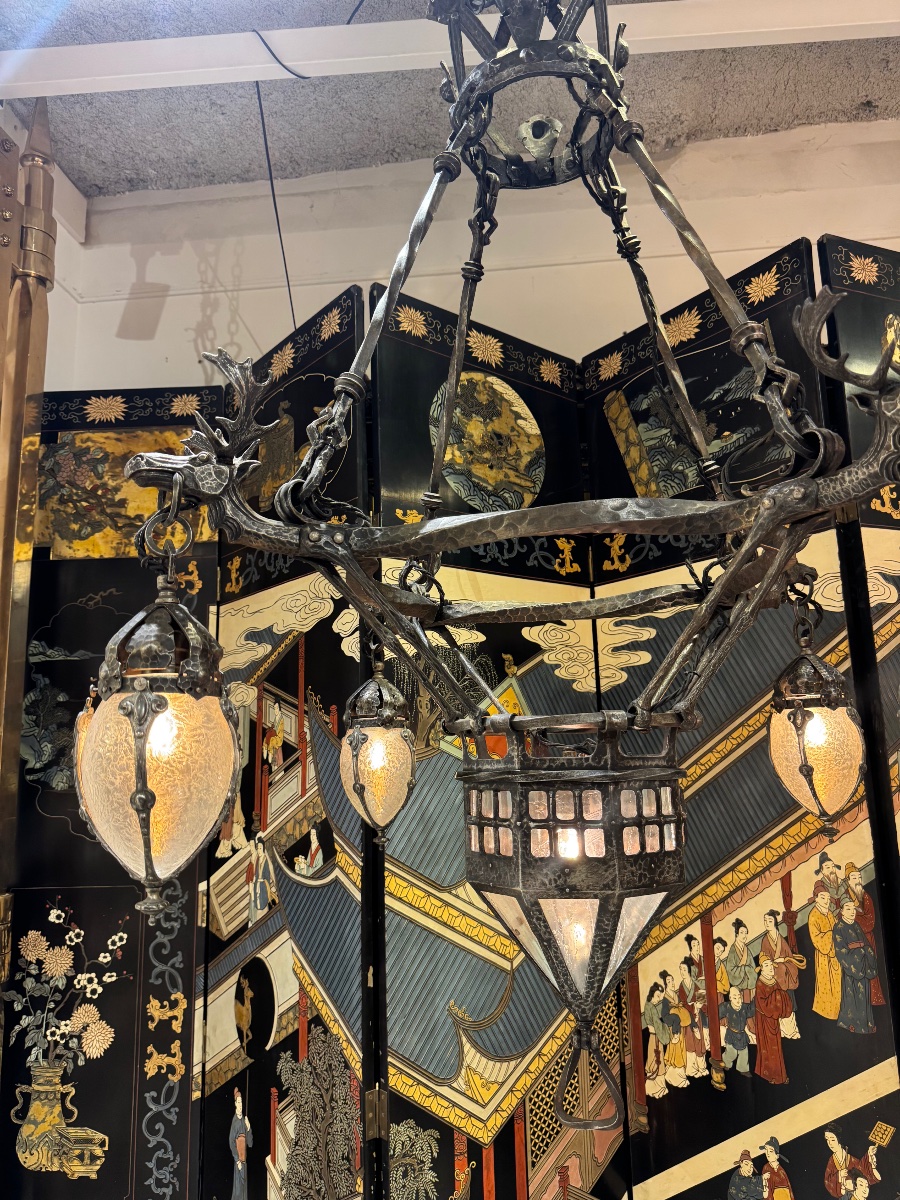 Wrought-iron Chandelier Featuring Art Deco-era Elk Motifs -photo-4