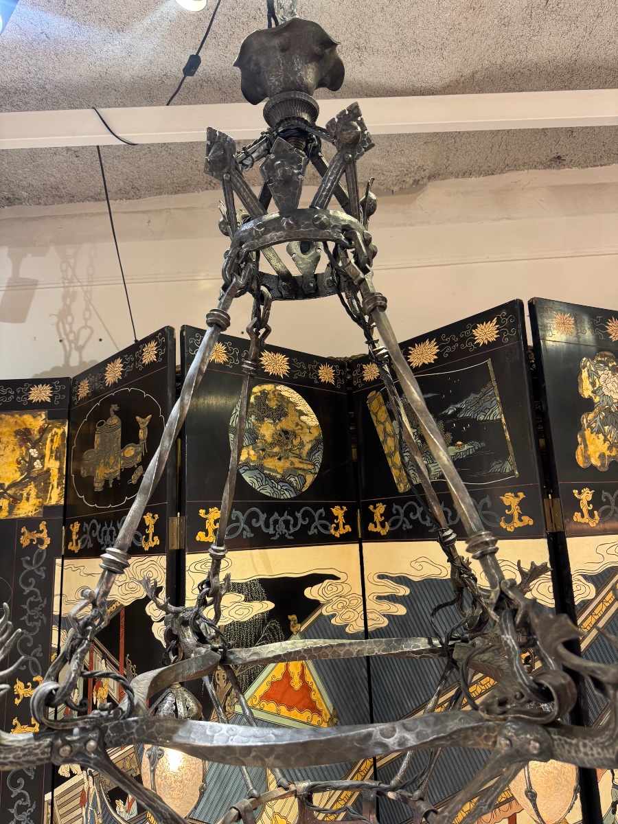Wrought-iron Chandelier Featuring Art Deco-era Elk Motifs -photo-2