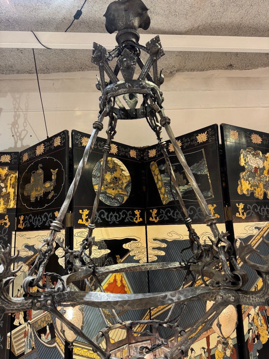 Wrought-iron Chandelier Featuring Art Deco-era Elk Motifs -photo-4
