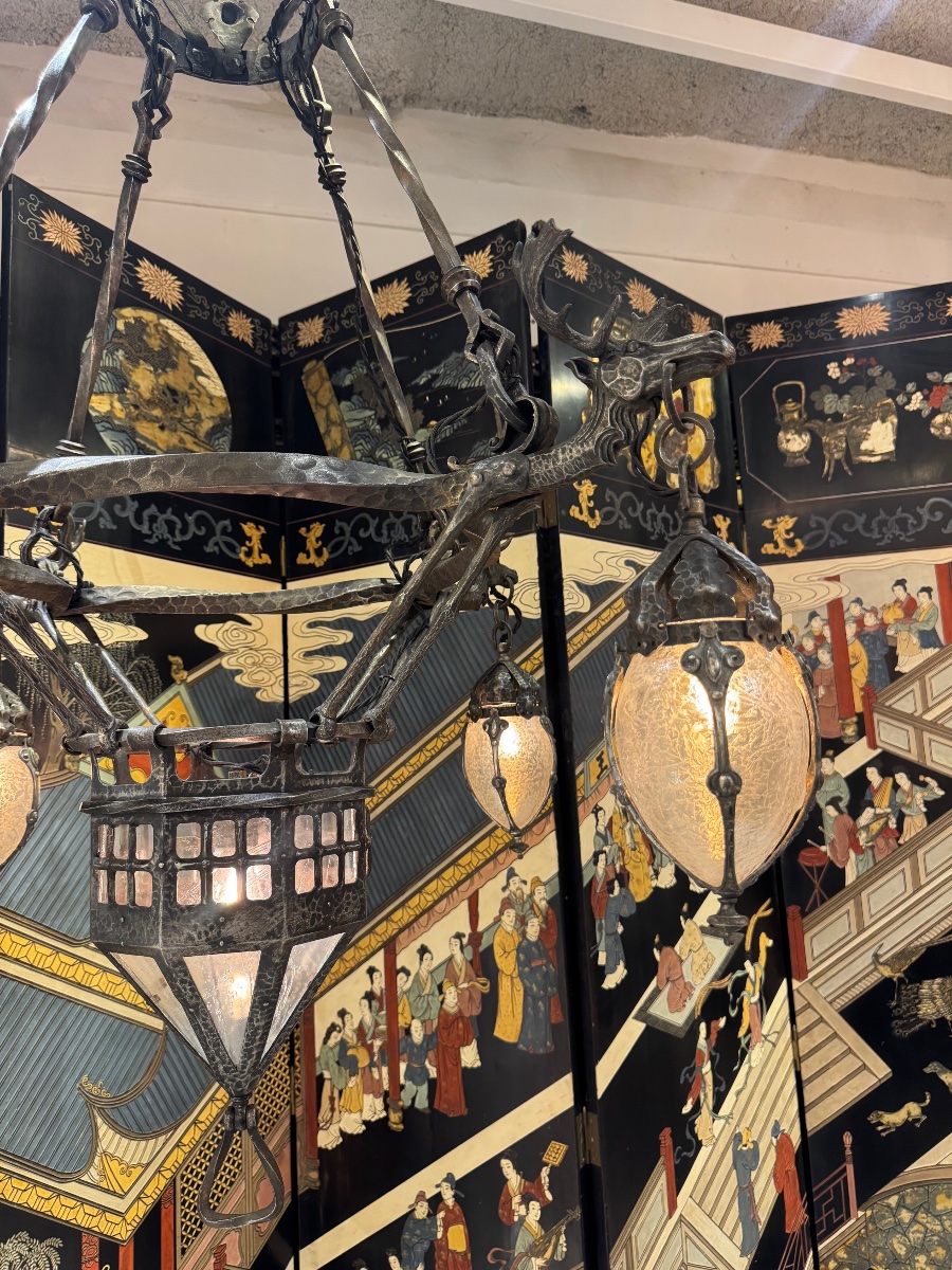 Wrought-iron Chandelier Featuring Art Deco-era Elk Motifs -photo-5