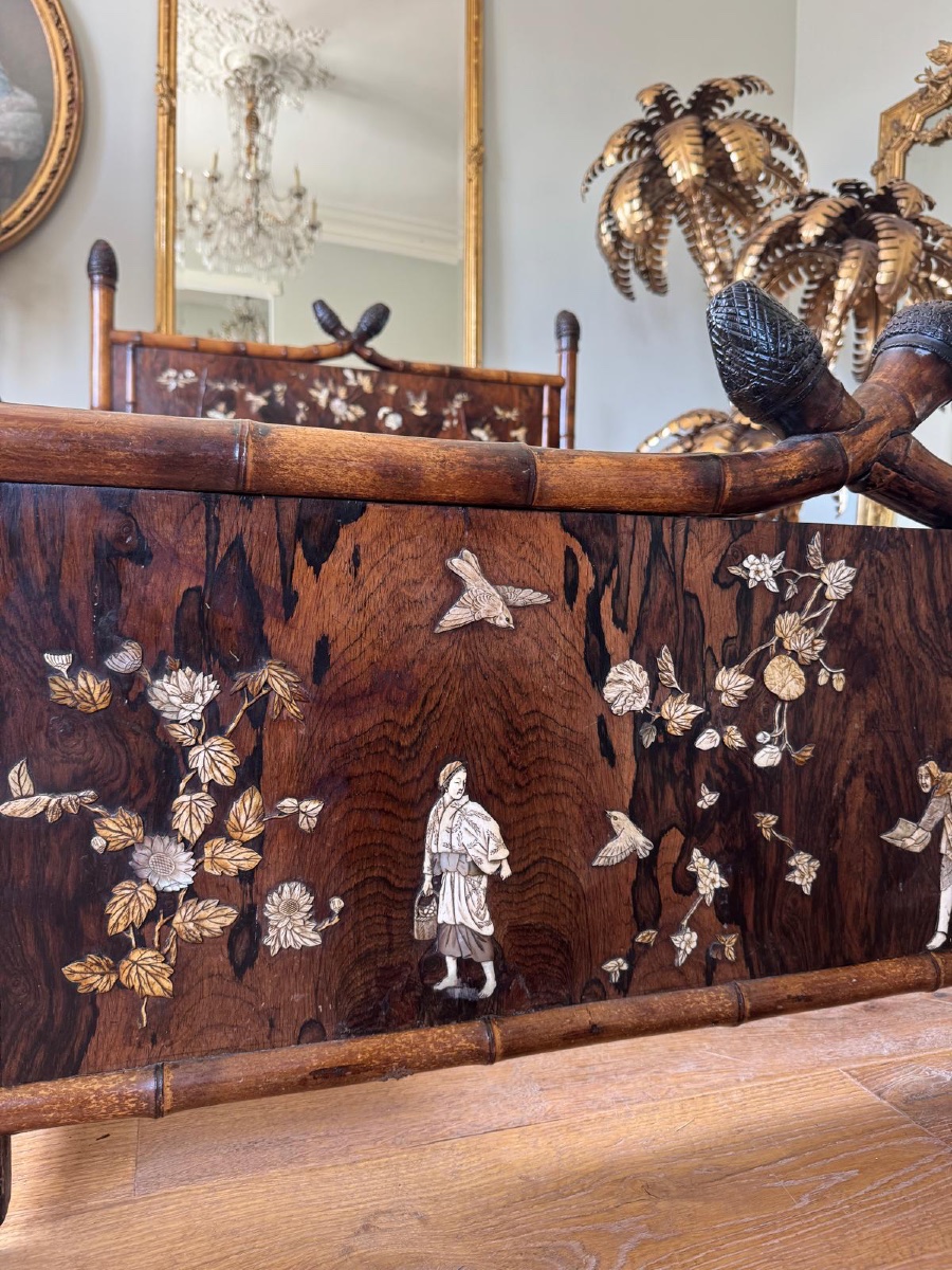 Japanese-style Bamboo Bed With Marquetry, Attributed To Perret And Vibert -photo-2