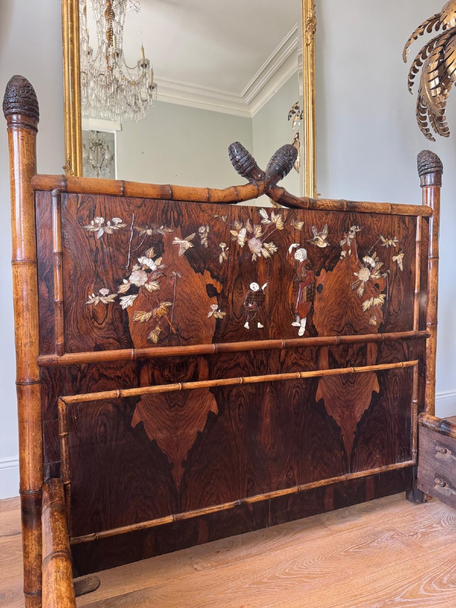 Japanese-style Bamboo Bed With Marquetry, Attributed To Perret And Vibert -photo-4