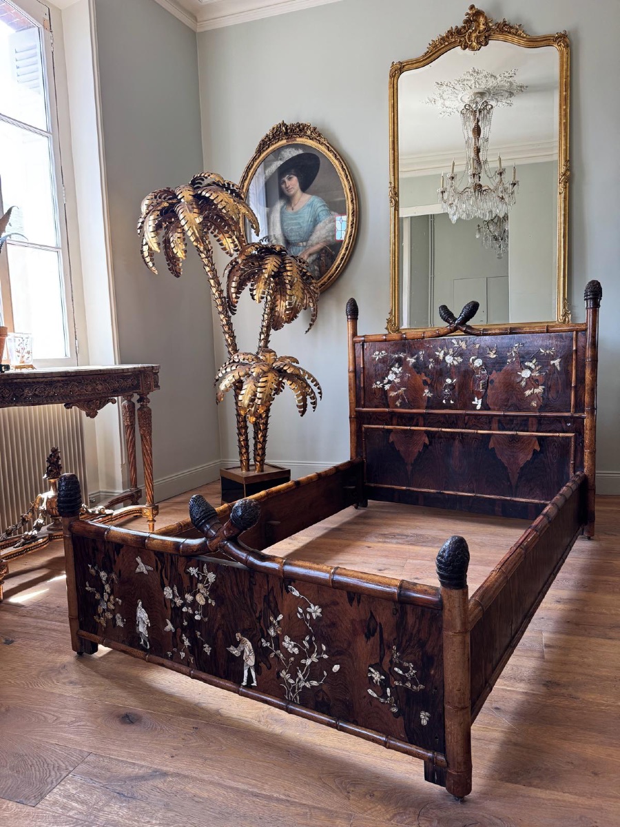Japanese-style Bamboo Bed With Marquetry, Attributed To Perret And Vibert -photo-3
