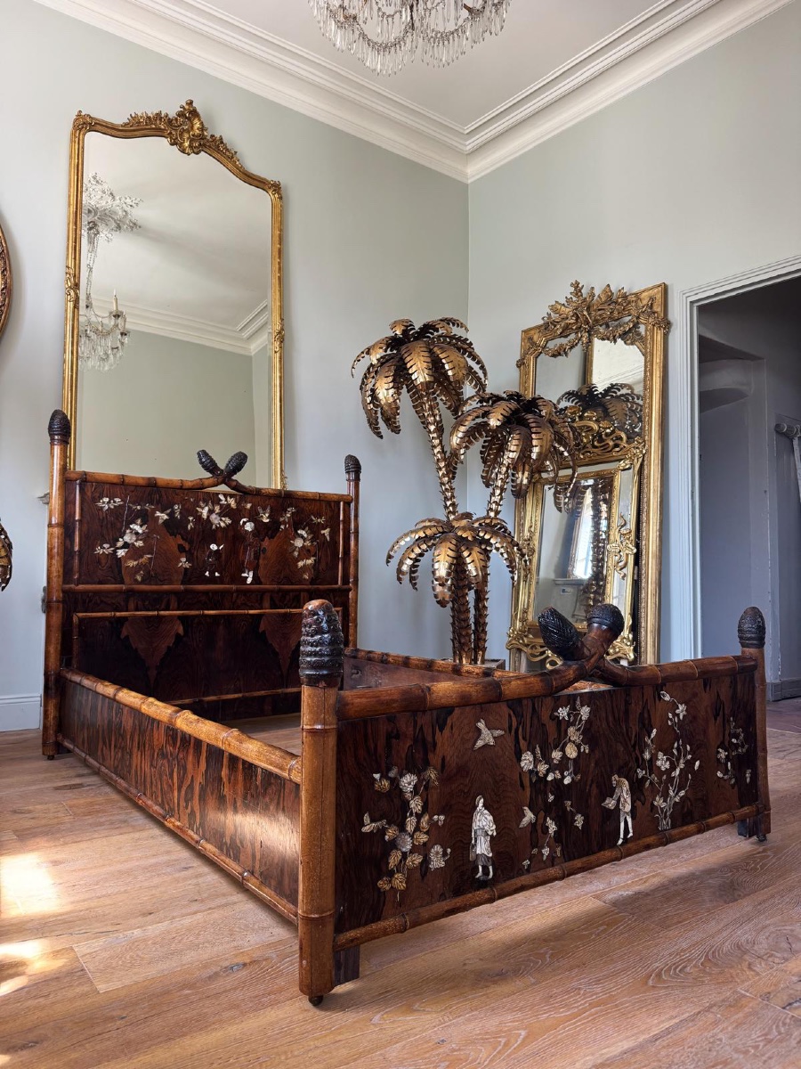 Japanese-style Bamboo Bed With Marquetry, Attributed To Perret And Vibert -photo-4