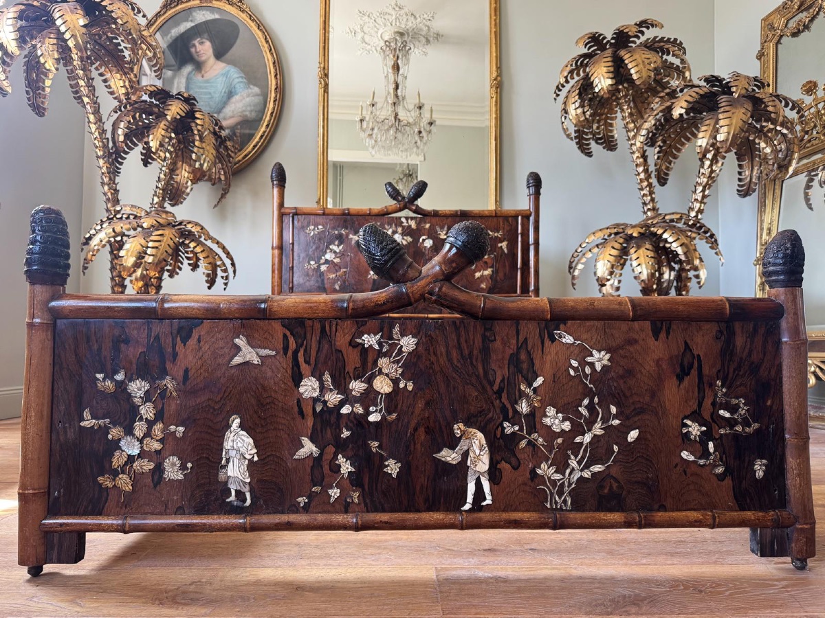 Japanese-style Bamboo Bed With Marquetry, Attributed To Perret And Vibert -photo-5