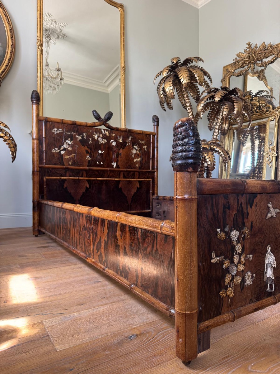 Japanese-style Bamboo Bed With Marquetry, Attributed To Perret And Vibert -photo-8