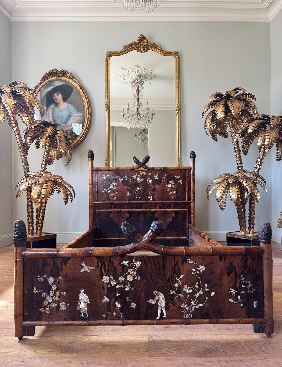 Japanese-style Bamboo Bed With Marquetry, Attributed To Perret And Vibert 
