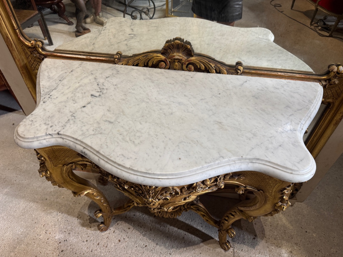 Monumental miroir de boiserie avec sa console de style Louis XV -photo-1