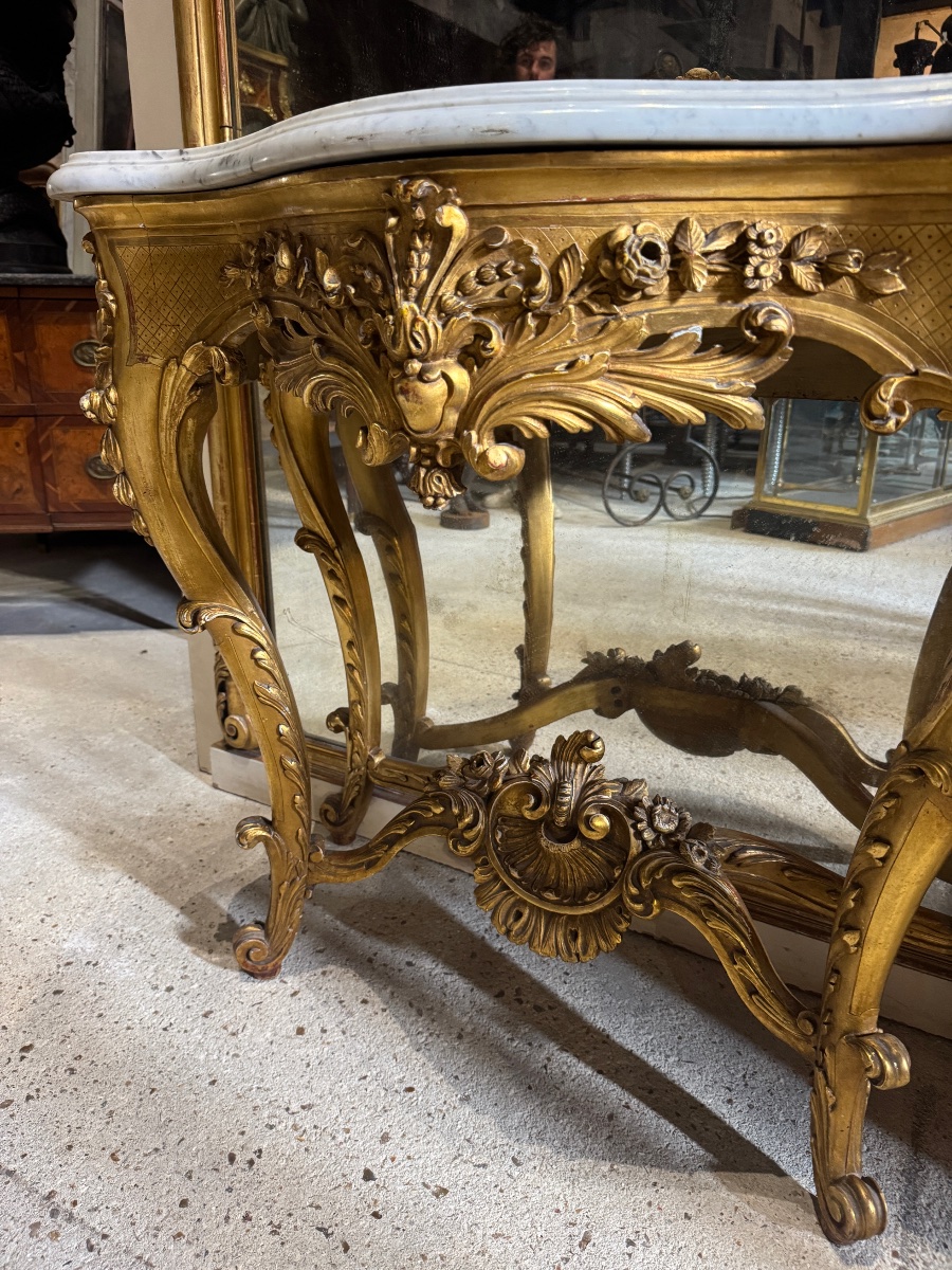 Monumental miroir de boiserie avec sa console de style Louis XV -photo-6