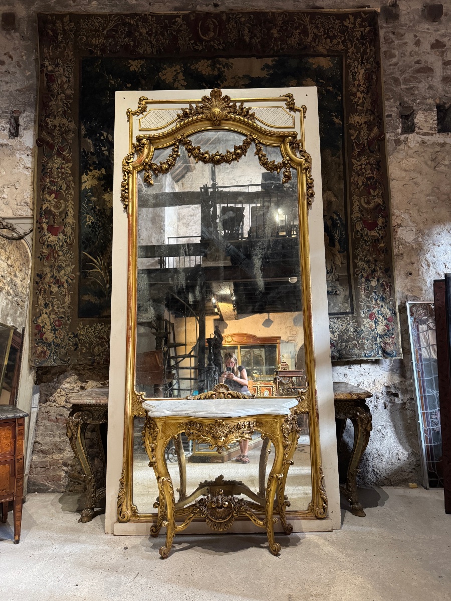 Monumental miroir de boiserie avec sa console de style Louis XV -photo-7