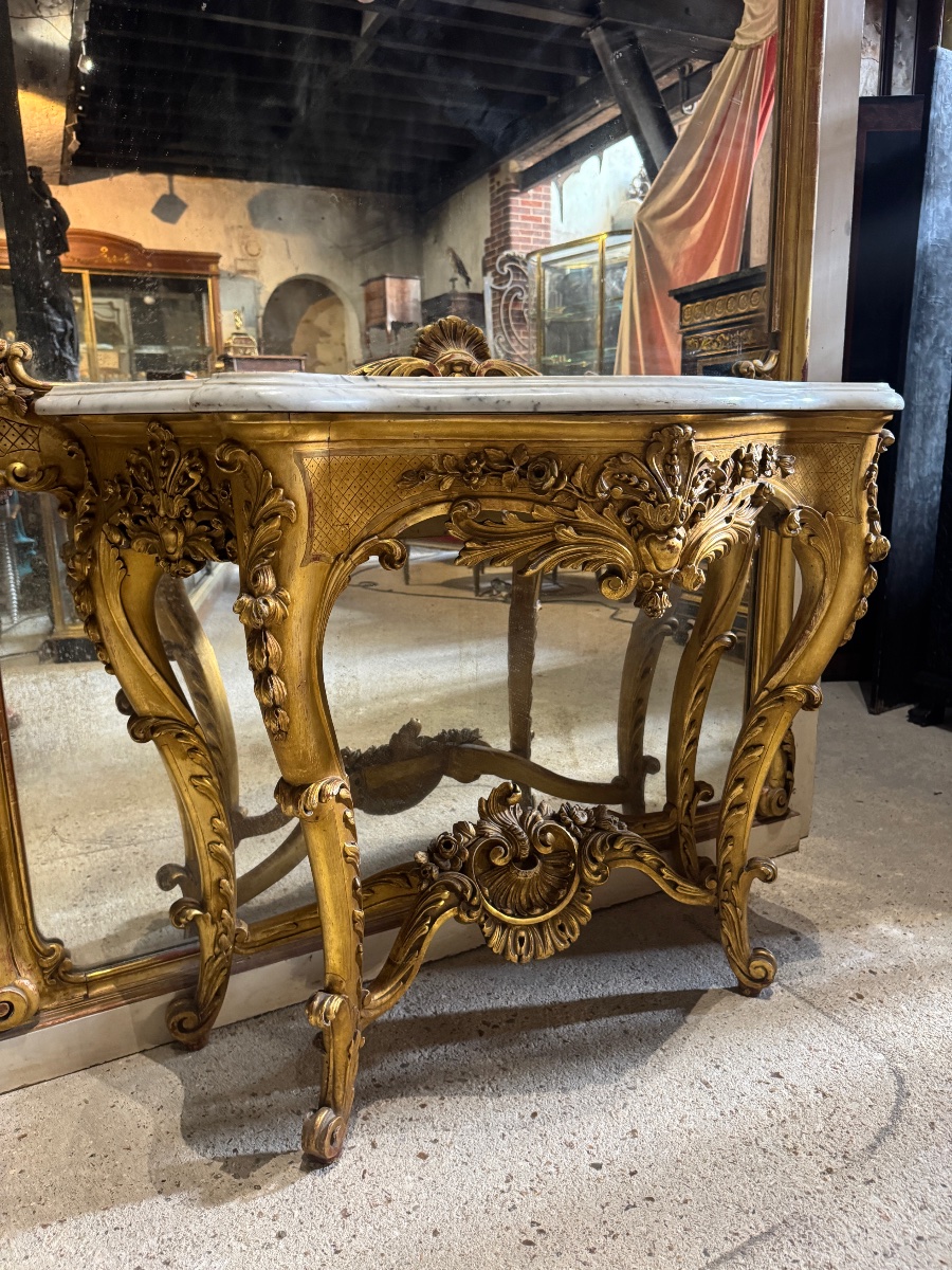 Monumental miroir de boiserie avec sa console de style Louis XV -photo-8