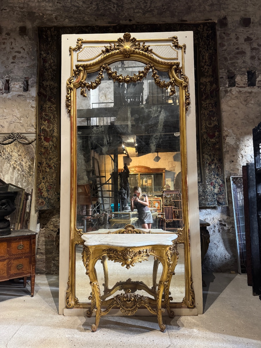 Monumental miroir de boiserie avec sa console de style Louis XV 