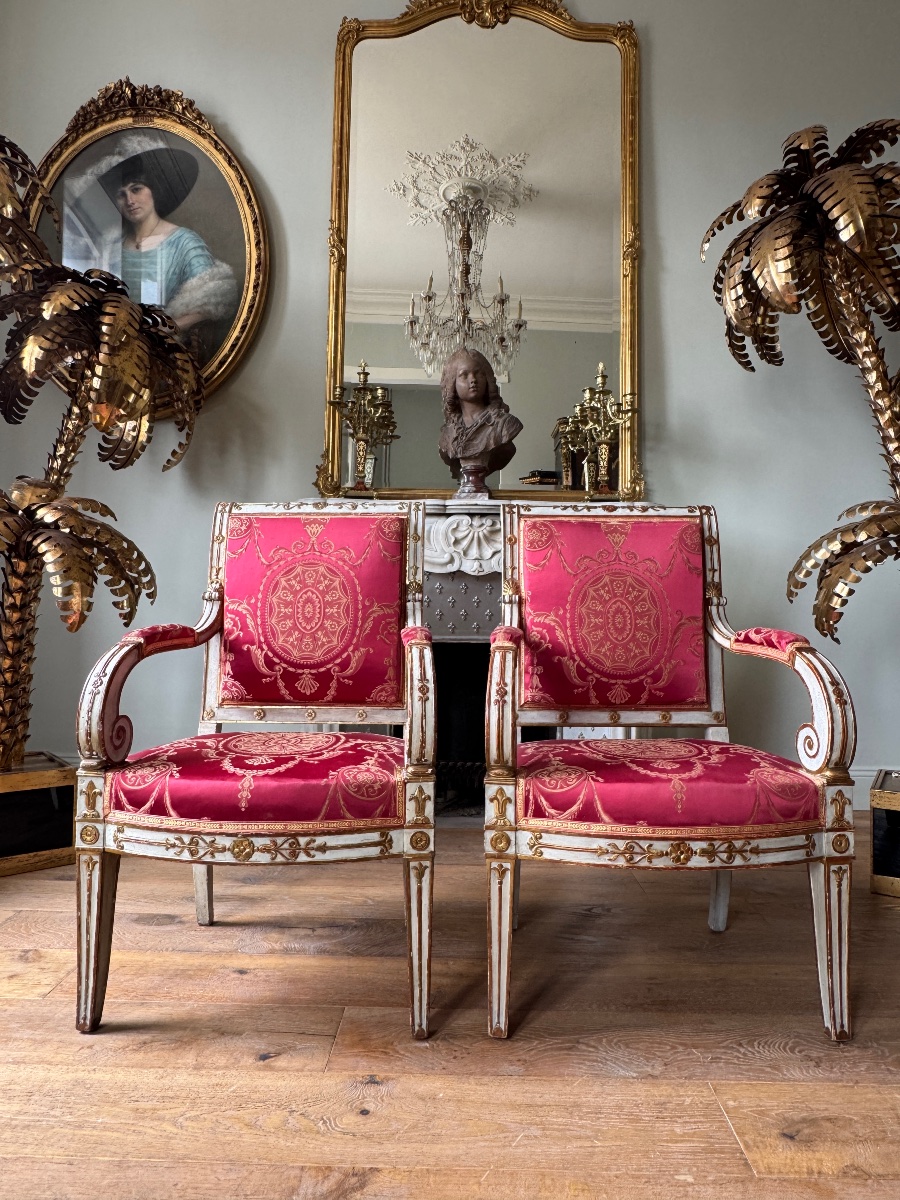 Pair Of Empire-style Armchairs In Lacquered And Gilded Wood, Early 19th Century -photo-4