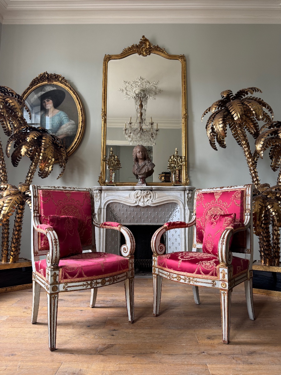 Pair Of Empire-style Armchairs In Lacquered And Gilded Wood, Early 19th Century 