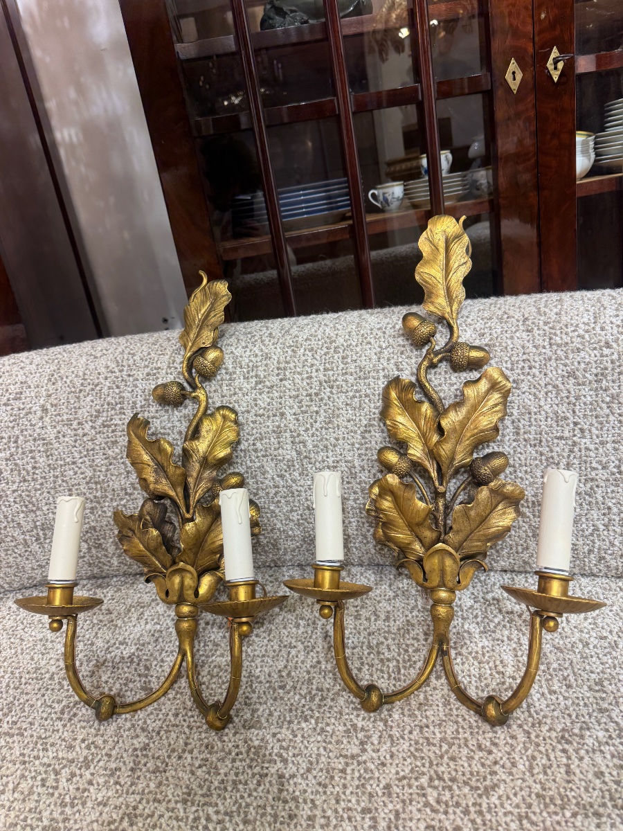 Pair Of Wall Sconces With Oak Leaves And Acorns, Attributed To Jansen -photo-2