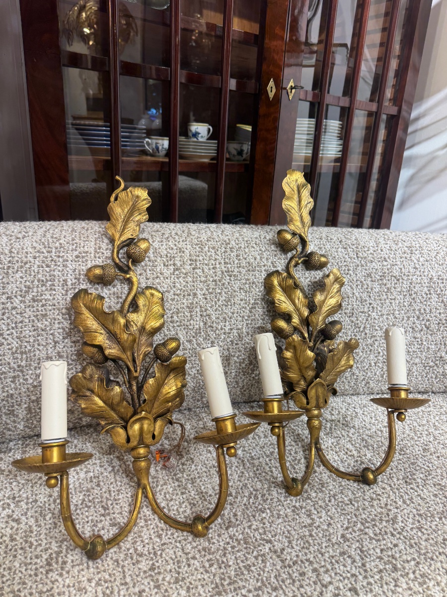 Pair Of Wall Sconces With Oak Leaves And Acorns, Attributed To Jansen -photo-4