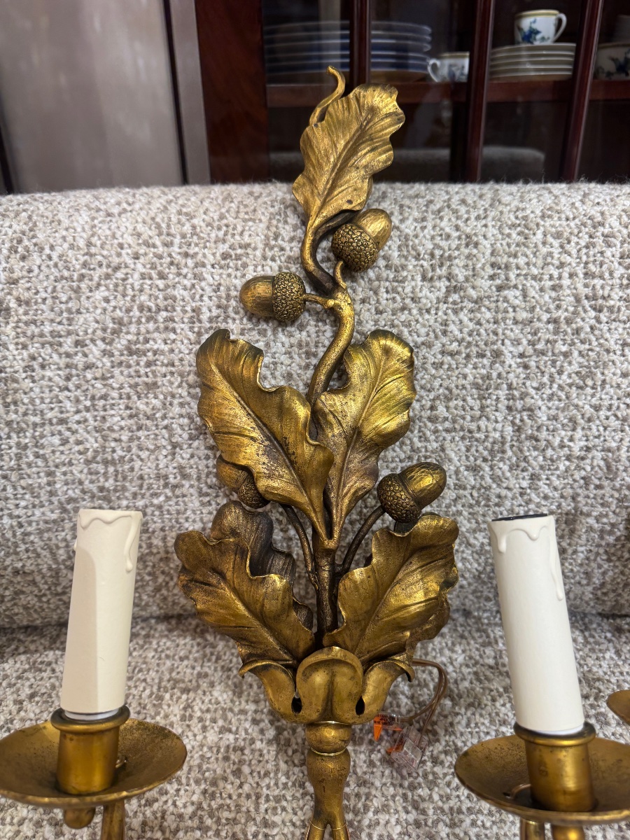 Pair Of Wall Sconces With Oak Leaves And Acorns, Attributed To Jansen -photo-1