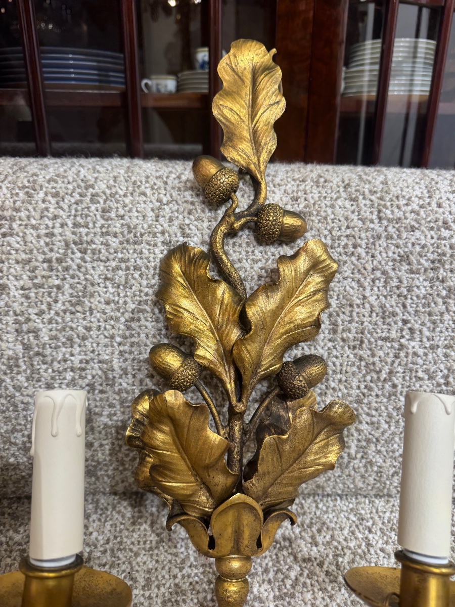 Pair Of Wall Sconces With Oak Leaves And Acorns, Attributed To Jansen -photo-2