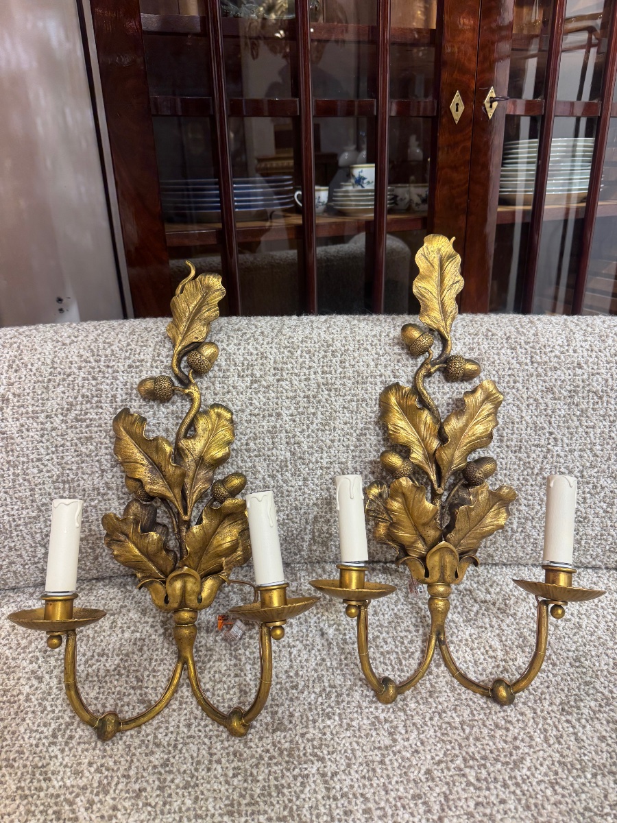 Pair Of Wall Sconces With Oak Leaves And Acorns, Attributed To Jansen 