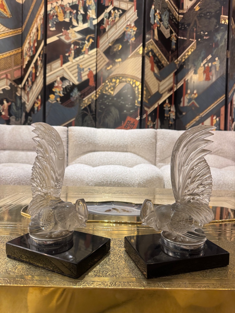 Pair Of René Lalique "nain" Rooster Bookends, 1928 -photo-2