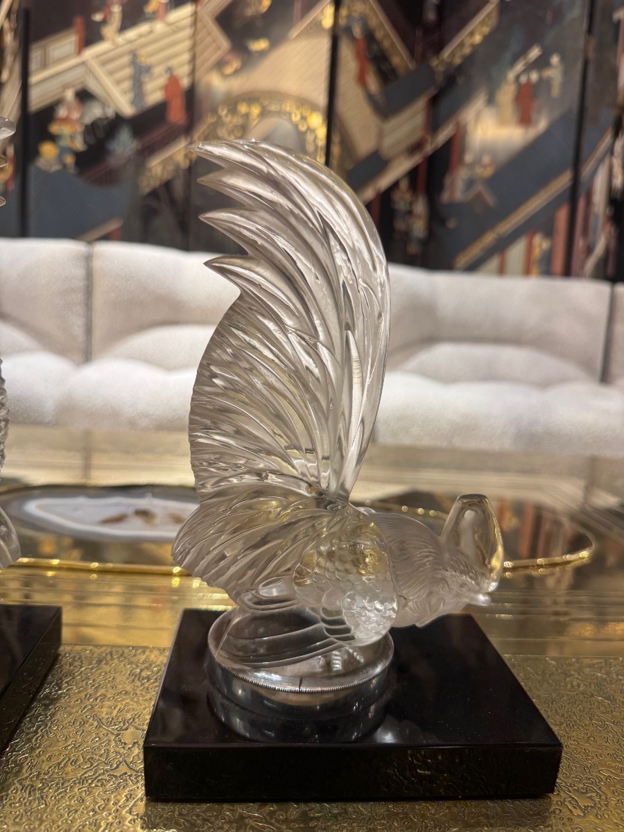 Pair Of René Lalique "nain" Rooster Bookends, 1928 -photo-2
