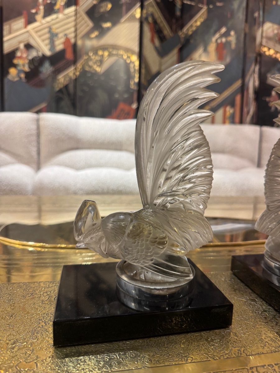 Pair Of René Lalique "nain" Rooster Bookends, 1928 -photo-3