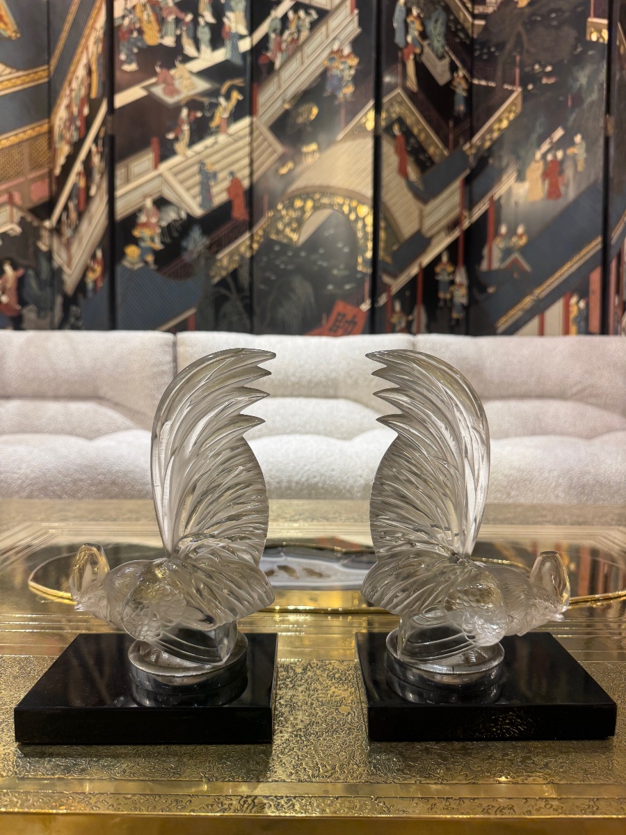 Pair Of René Lalique "nain" Rooster Bookends, 1928 