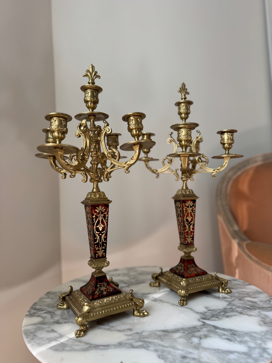 Pair Of Candelabra In Boulle Marquetry And Gilded Bronze From The Napoleonic III Period-photo-3