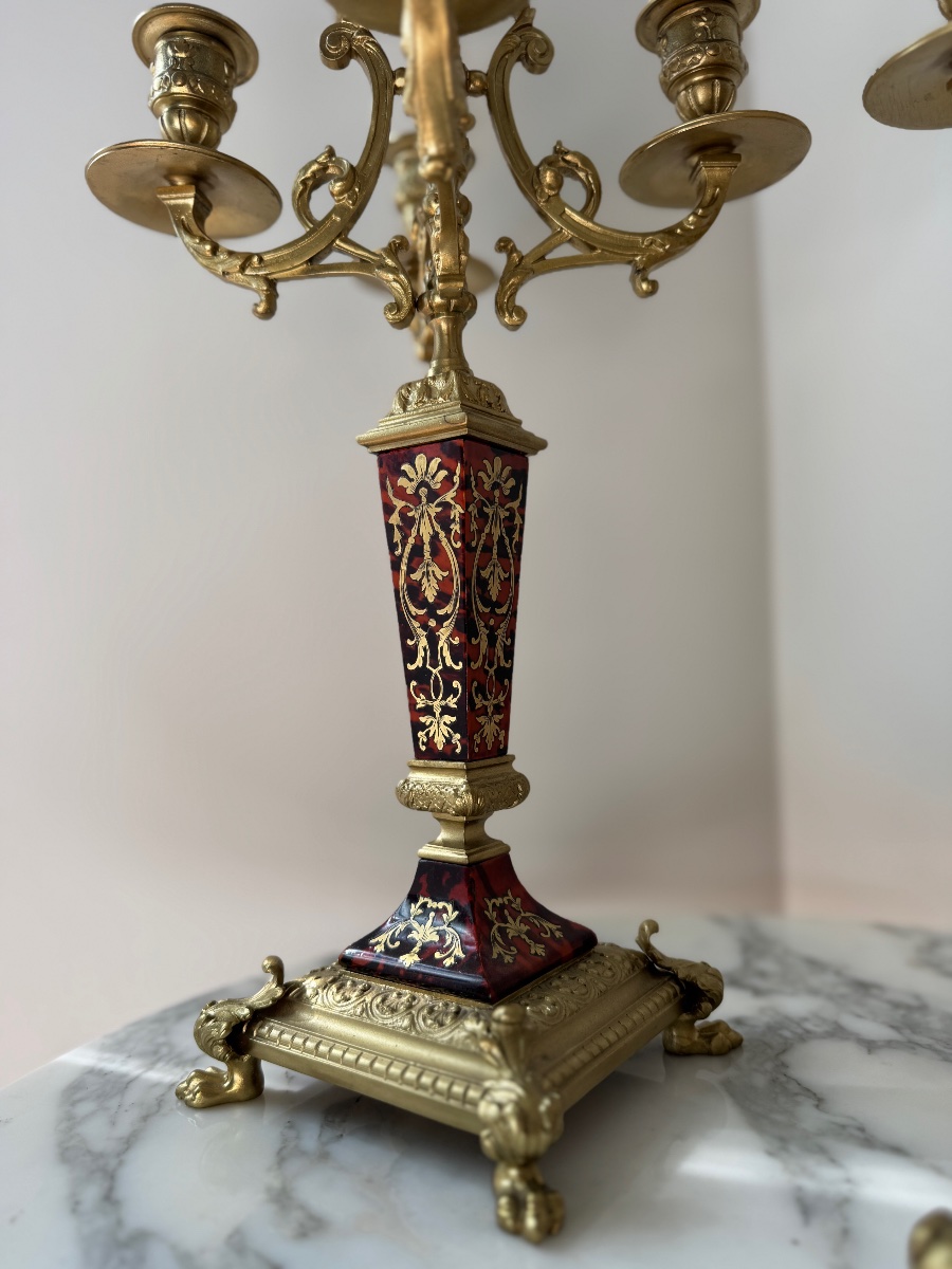 Pair Of Candelabra In Boulle Marquetry And Gilded Bronze From The Napoleonic III Period-photo-4