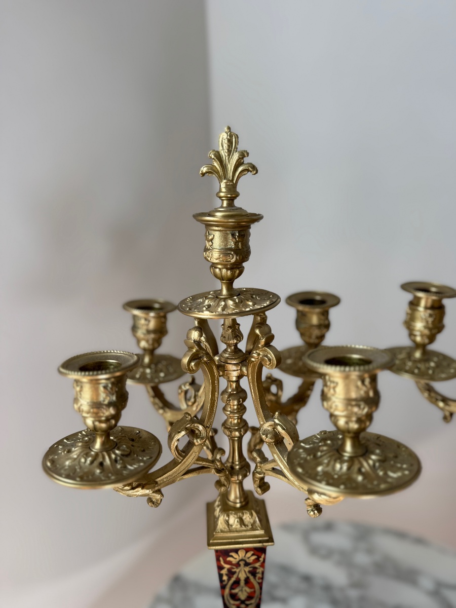 Pair Of Candelabra In Boulle Marquetry And Gilded Bronze From The Napoleonic III Period-photo-1