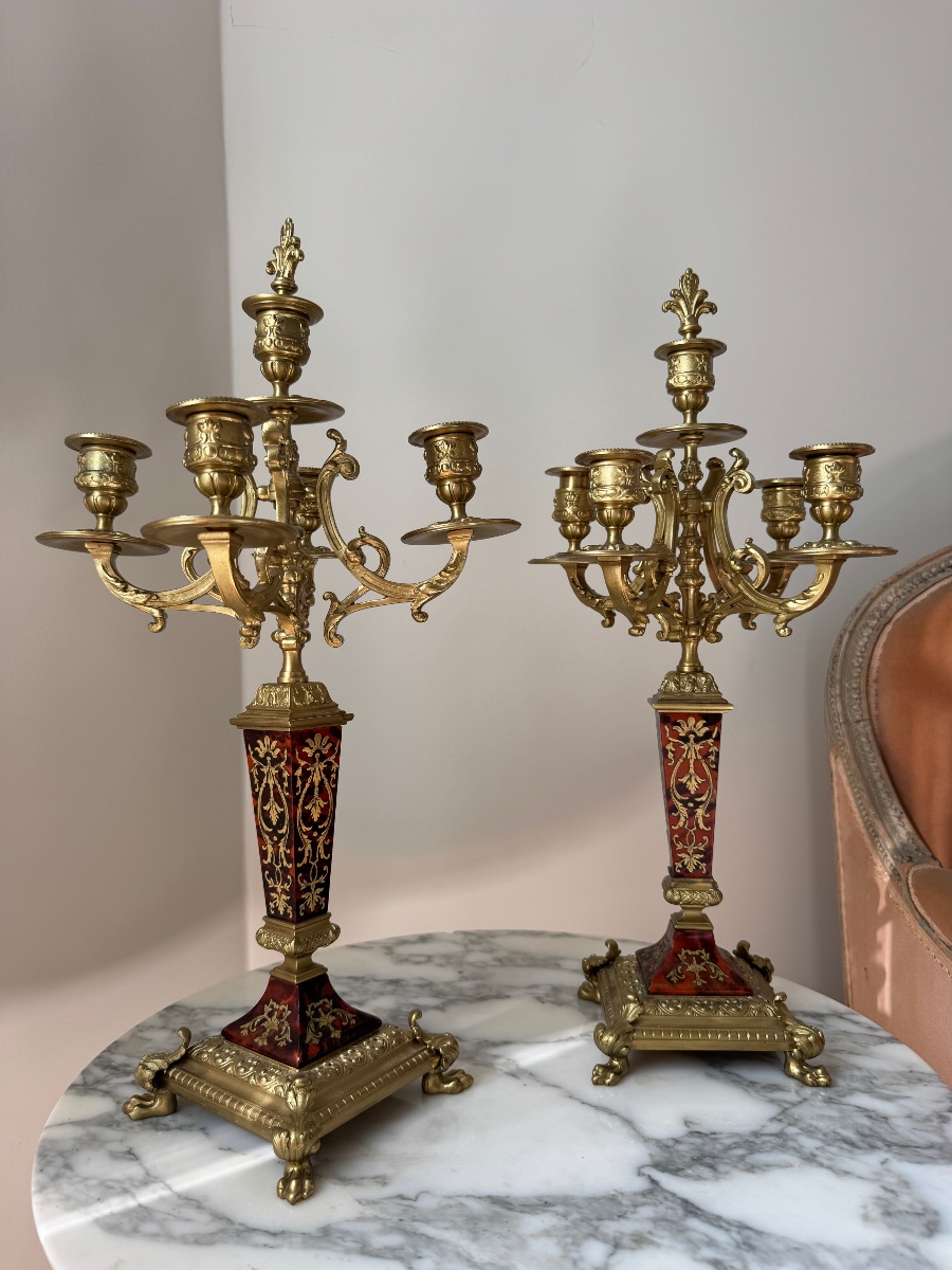 Pair Of Candelabra In Boulle Marquetry And Gilded Bronze From The Napoleonic III Period-photo-2