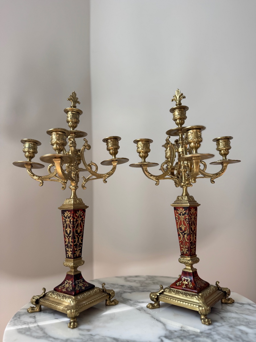 Pair Of Candelabra In Boulle Marquetry And Gilded Bronze From The Napoleonic III Period-photo-5