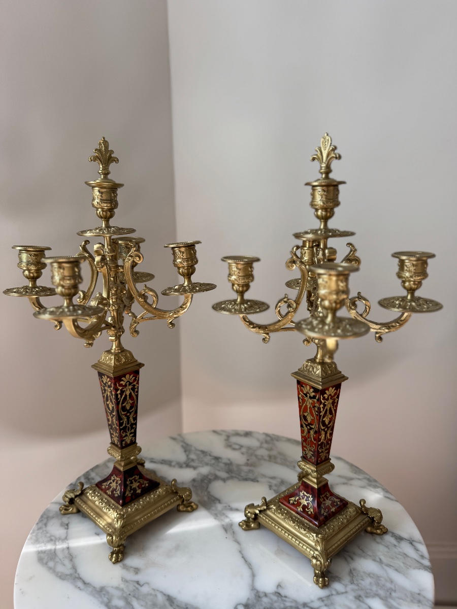 Pair Of Candelabra In Boulle Marquetry And Gilded Bronze From The Napoleonic III Period-photo-6