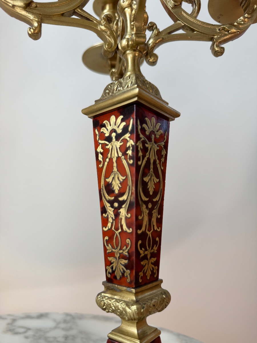 Pair Of Candelabra In Boulle Marquetry And Gilded Bronze From The Napoleonic III Period-photo-8