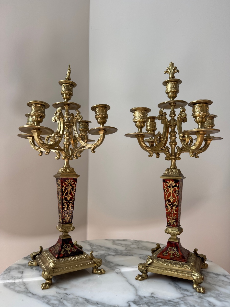 Pair Of Candelabra In Boulle Marquetry And Gilded Bronze From The Napoleonic III Period