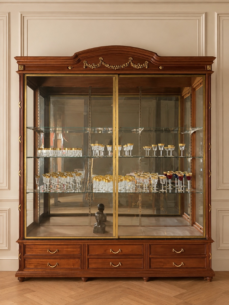 Napoleon III-era Mahogany Display Cabinet With Gilded Bronze Accents 